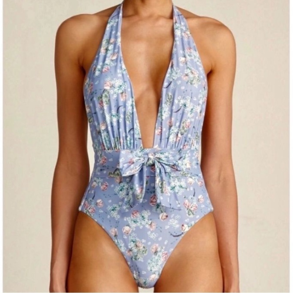 We Wore What Brooklyn One Piece Swimsuit Bow Halter Neck XS lavender Floral